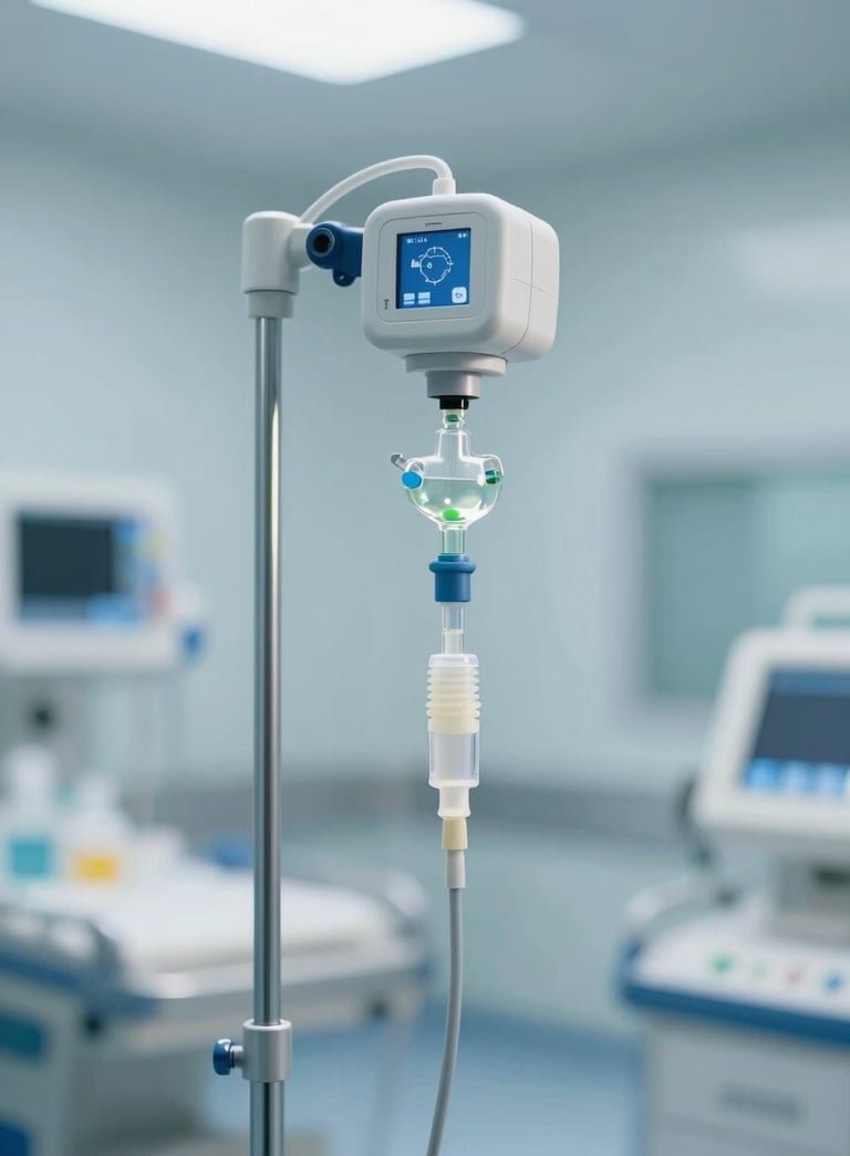 A high-tech medical infusion set displayed against a soft focus background of a bright blue and silver clinical environment, professional photography, sophisticated and credible, Global / International.