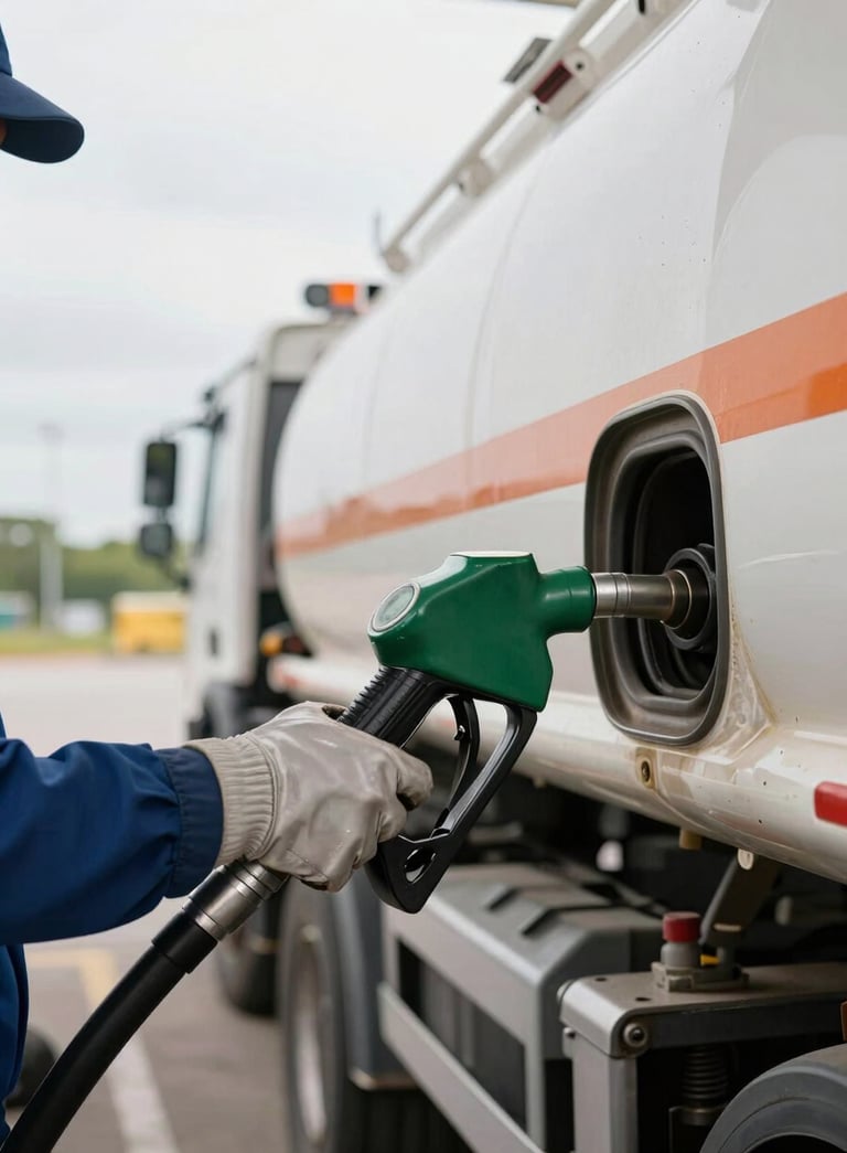 Close-up documentary shot of a fuel delivery nozzle locked into a tanker truck inlet at a loading bay, operator's gloved hands steadying the connection, industrial valve hardware visible, bright overcast daylight, straight-on framing showing operational detail