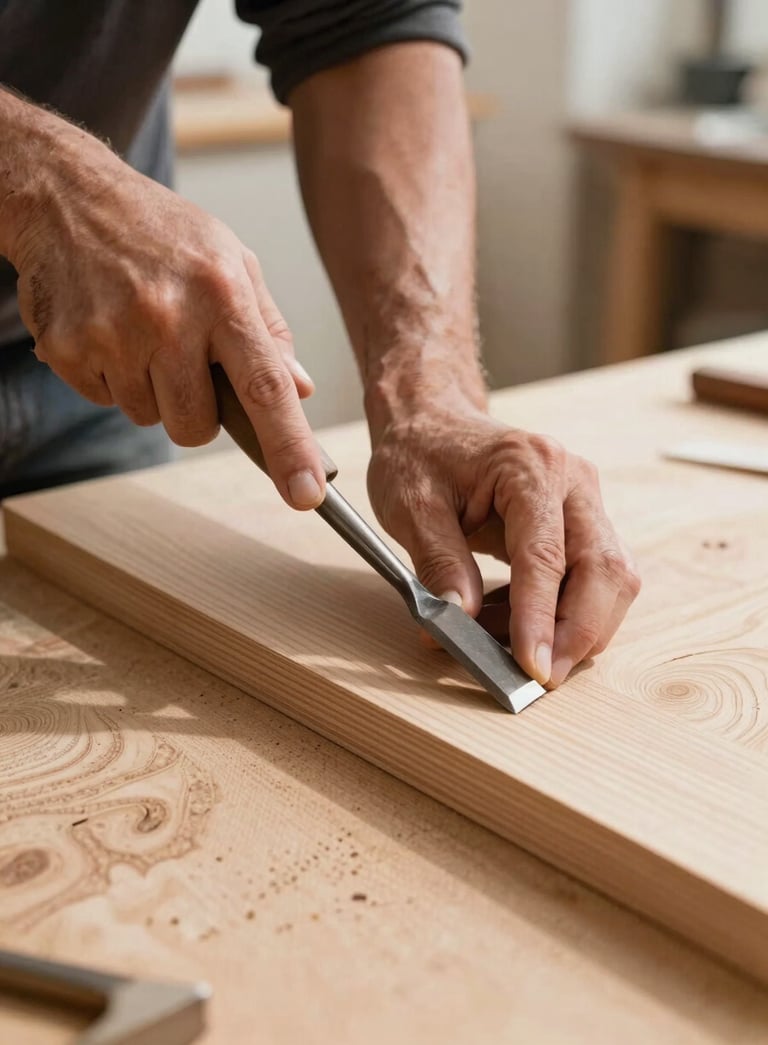 A close-up photograph of a professional carpenter's hand using a chisel on a tan wood surface in a clean, modern workshop in the Middle Eastern / Gulf region. Natural sunlight highlights the wood texture and the meticulous attention to detail.