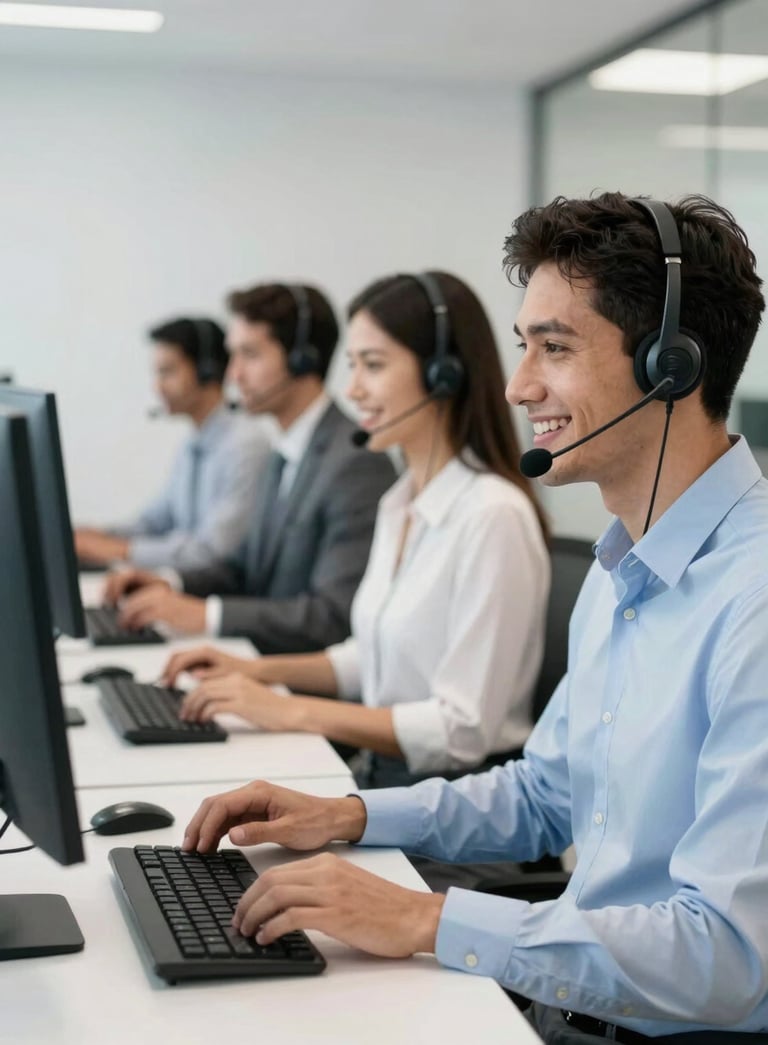 A group of professional customer service agents working in a modern office in Brazil. They are wearing sleek headsets and smiling while looking at computer screens. The composition is a medium shot with a shallow depth of field, using a palette of white and light blue.