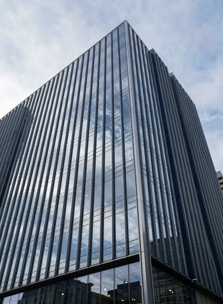 A low-angle shot of a sleek, glass-fronted corporate headquarters reflecting a pale silver sky, with sharp architectural lines in steel blue and dark navy.