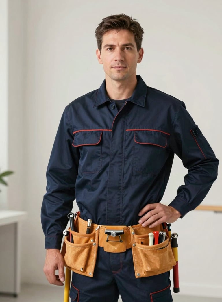 A professional plumber wearing a dark navy blue uniform, standing confidently with a tool belt, looking at the camera in a modern soft off-white setting.