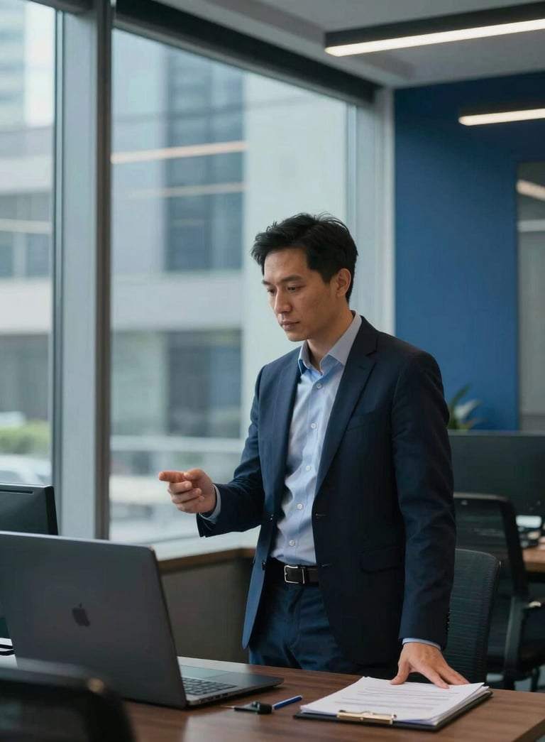 A professional business consultant working in a sleek North American office with a large glass window. The atmosphere is professional and innovative with dark navy and deep blue accents.