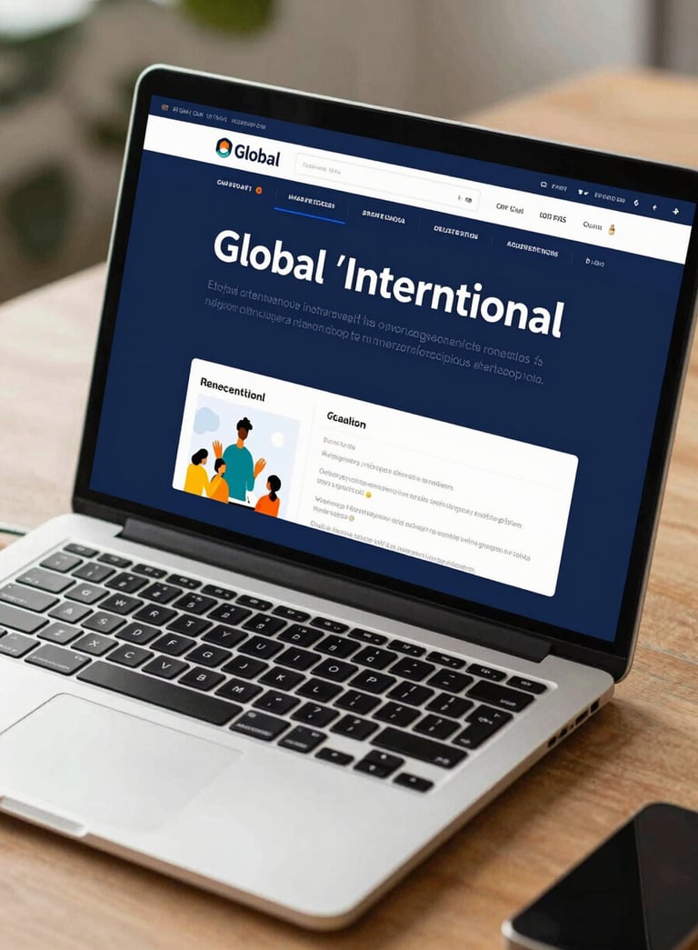 A close-up of a modern laptop on a clean desk showing a vibrant, professional learning dashboard, warm natural lighting, deep blue color palette, Global / International.