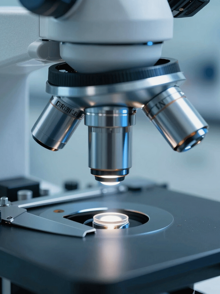 A macro photograph of a laboratory microscope lens focusing on a specimen, reflecting off-white and medium blue lighting in a professional North American research setting.