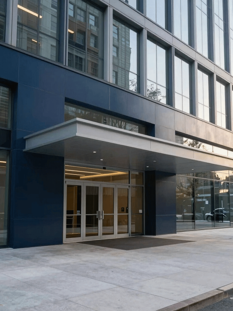 Professional high-angle shot of a minimalist modern corporate building entrance in a North American city, soft morning light, clean lines, steel and glass architecture, navy blue and light gray colors.