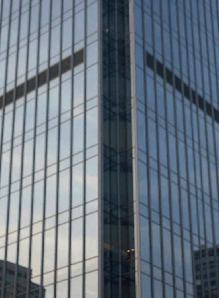 A sophisticated close-up of a modern corporate skyscraper's glass facade reflecting a clear sky, dominated by tones of #2C3E50 and #5D6D7E, conveying strength and stability.