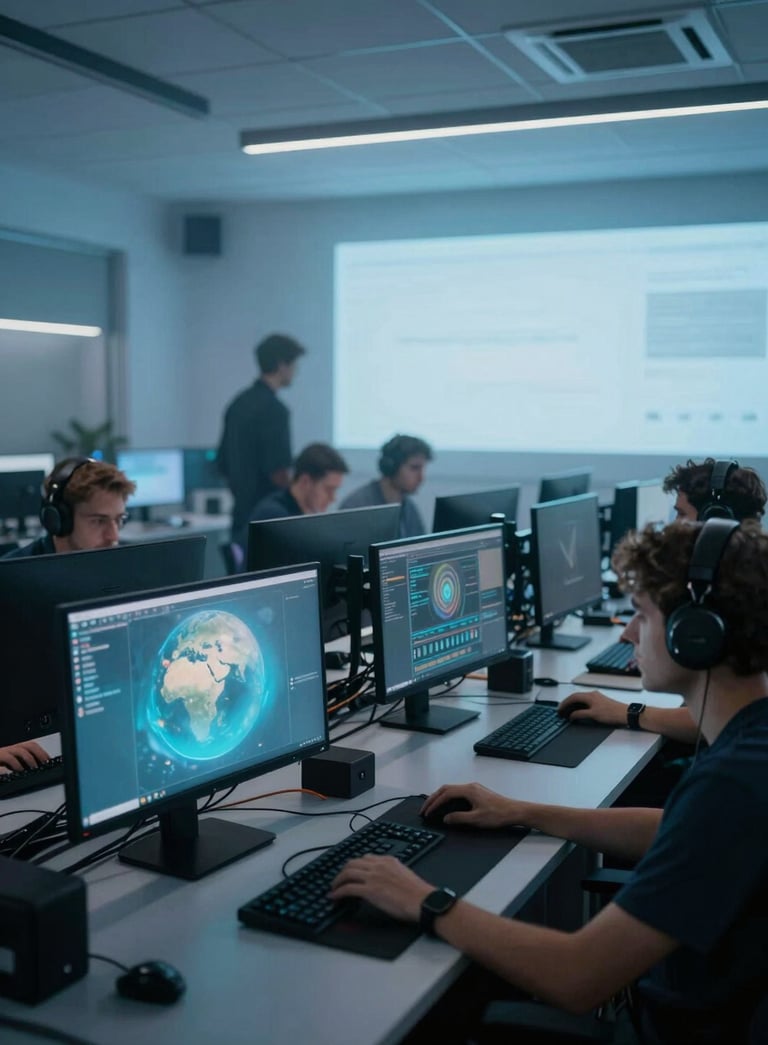 A wide shot of a high-tech, modern International / Global game development studio. Soft sky blue ambient lighting reflects off sleek monitors. Professionals are collaborating in the background. Cinematic composition with a dark slate blue and pale mist palette.