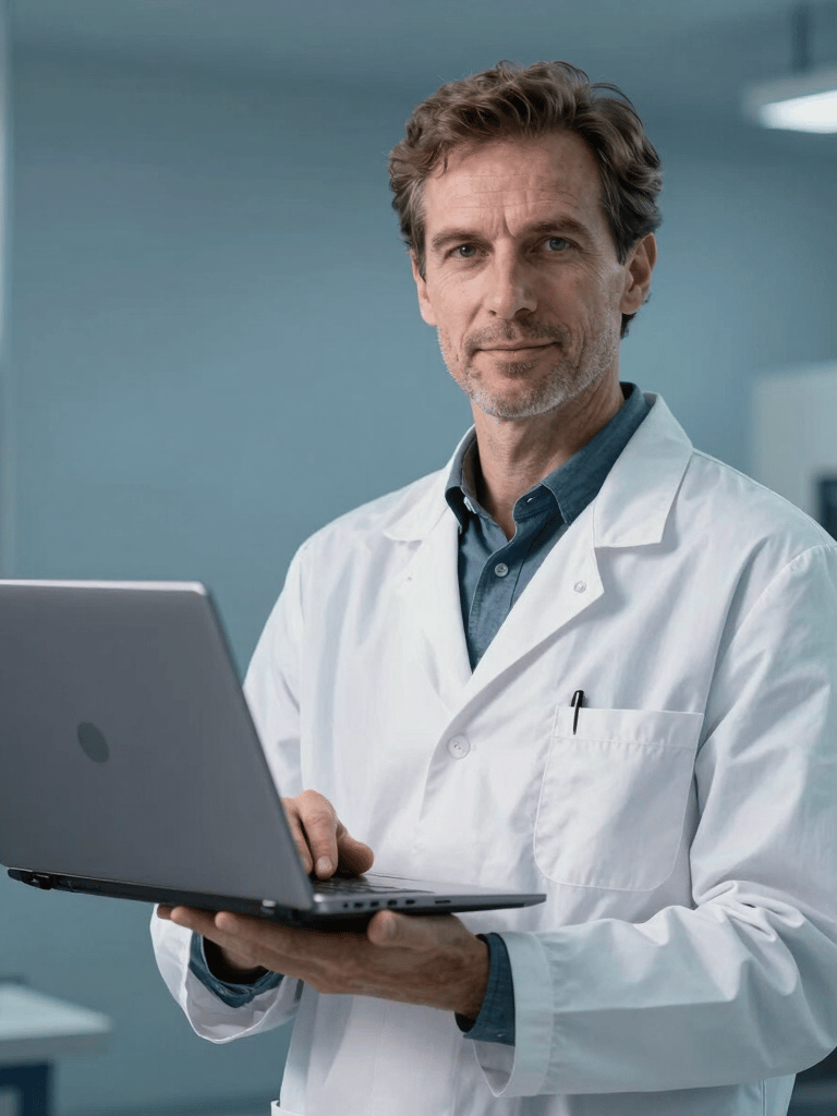 A professional portrait of a technical expert in a modern workshop, holding a high-end laptop, clean background with slate blue tones, European / Portuguese setting.