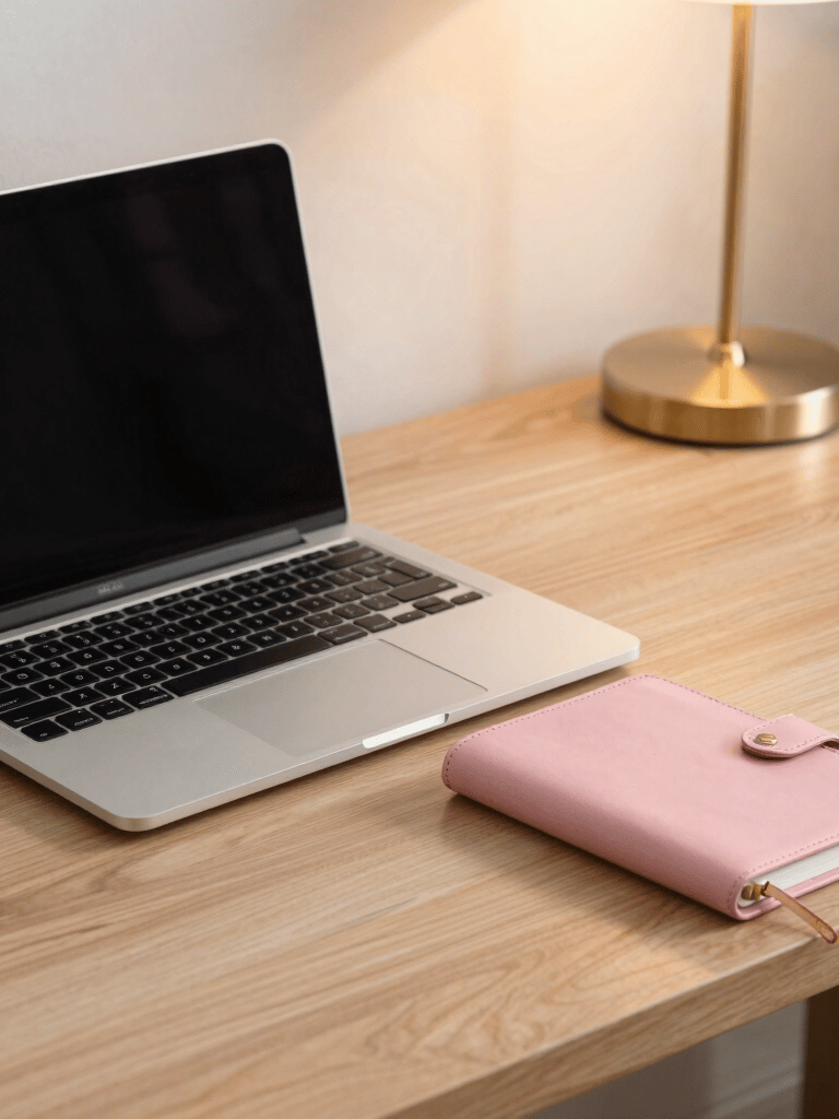 A clean, modern North American executive desk setup with a high-end laptop and a slate blue leather notebook. The lighting is bright and professional, incorporating warm gold accents in a minimal office setting.