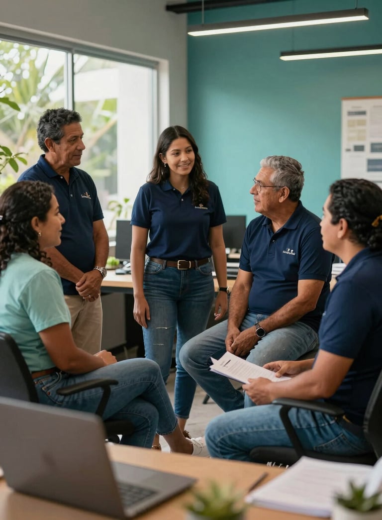 A diverse group of South American / Colombian community members in Barranquilla talking enthusiastically in a modern workspace. Sunlight filters through windows. Palette includes Deep Navy and Muted Teal details.