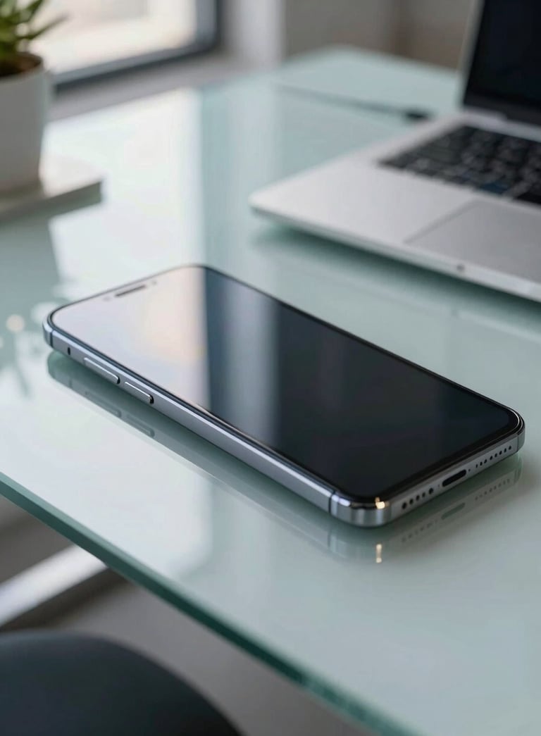A close-up photograph of a modern Android smartphone with a sleek, minimalist interface resting on a clean glass desk in a bright North American tech office. Soft morning light creates subtle reflections on the screen.