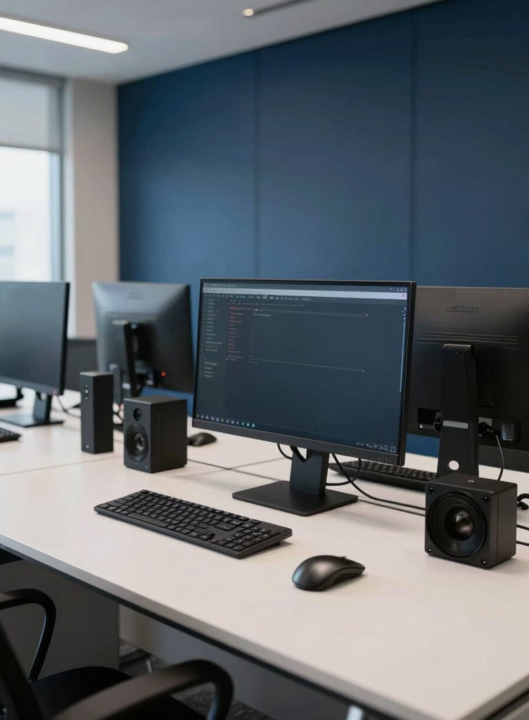 A high-end, modern South American corporate office interior with soft natural light. A professional workspace with clean lines, featuring professional communication equipment on a sleek desk. The mood is sophisticated and reliable, using dark blue and off-white tones.