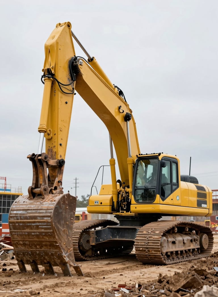 A powerful yellow excavator working on a North American construction site, shot in professional high-contrast photography with a focus on strength and industrial progress.