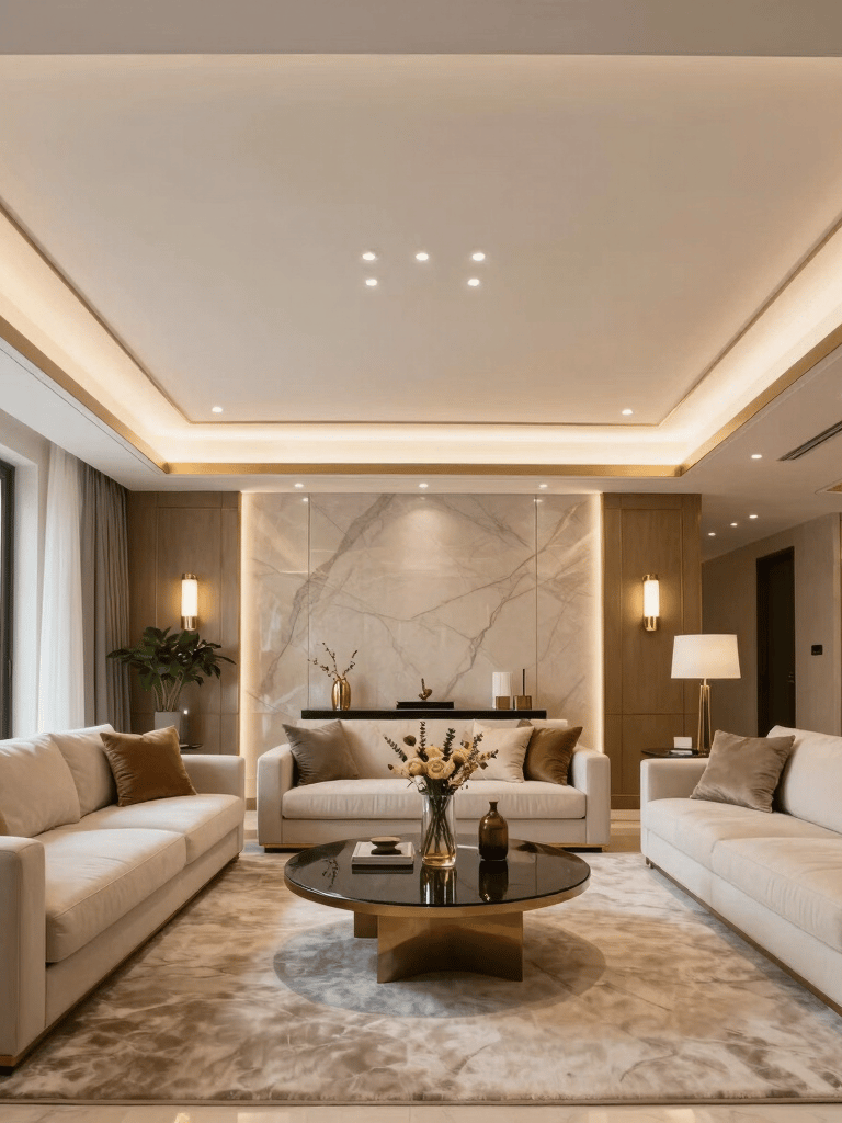 A wide photography shot of a luxury Southern European living room featuring modern drywall ceiling designs with recessed warm LED lighting and elegant gold accents.