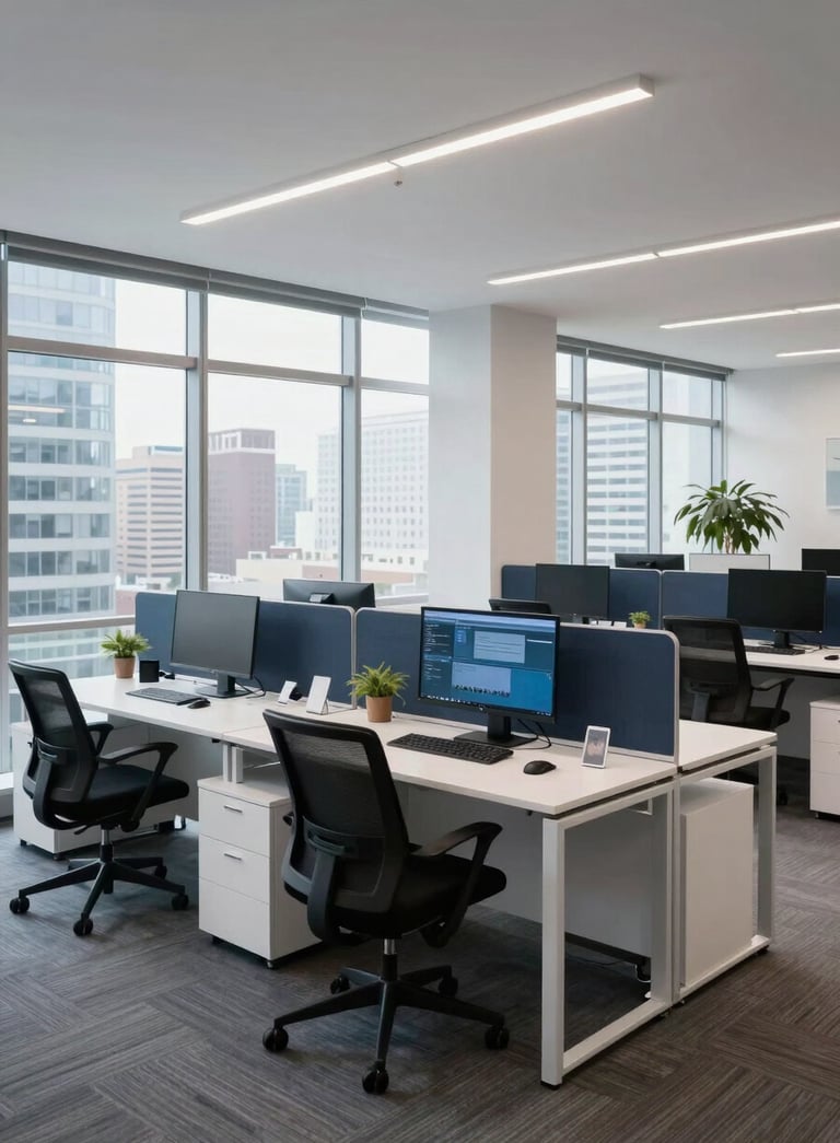 A sophisticated wide-angle photograph of a modern tech office in the United States, featuring large windows and an organized, efficient workstation with dark navy and bright white accents.