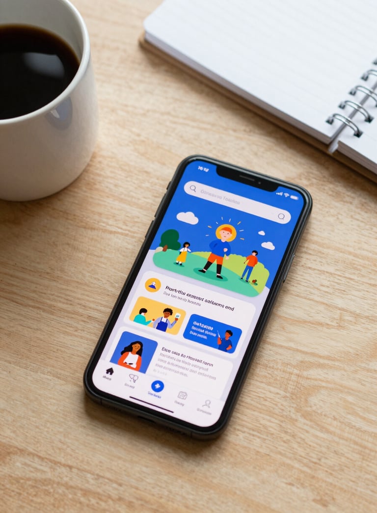 A high-angle lifestyle photograph of a sleek smartphone displaying a colorful educational app on a clean, wooden desk. Next to it is a cup of coffee and a notebook. North American / International setting, professional and clean composition, featuring Deep Blue and Near White accents.