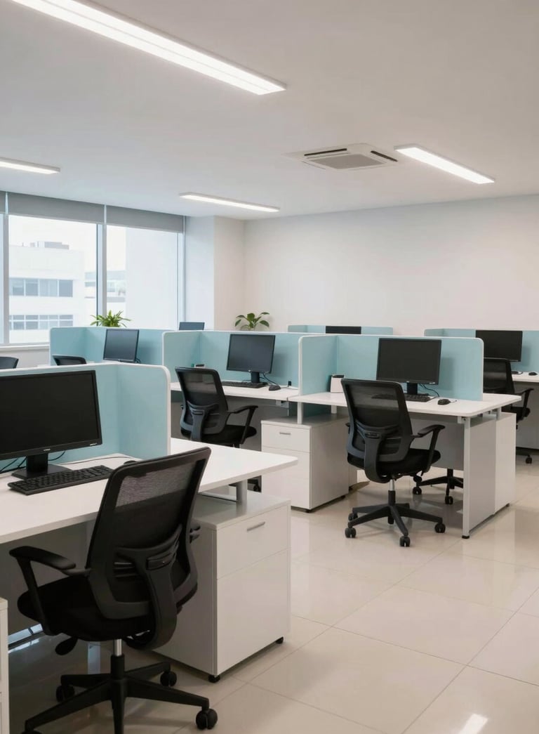 A wide shot of a modern, clean South American call center office with ergonomic furniture and light blue accents. The lighting is bright and professional, showing a sophisticated workspace in Brazil.