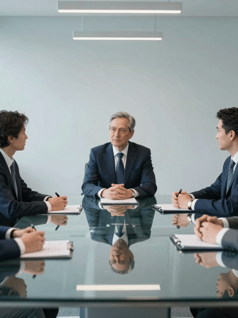Strategic corporate planning session in a bright, modern Western European boardroom. Professional atmosphere, featuring a clean glass table reflecting the deep blue and light blue-grey tones of the interior design.