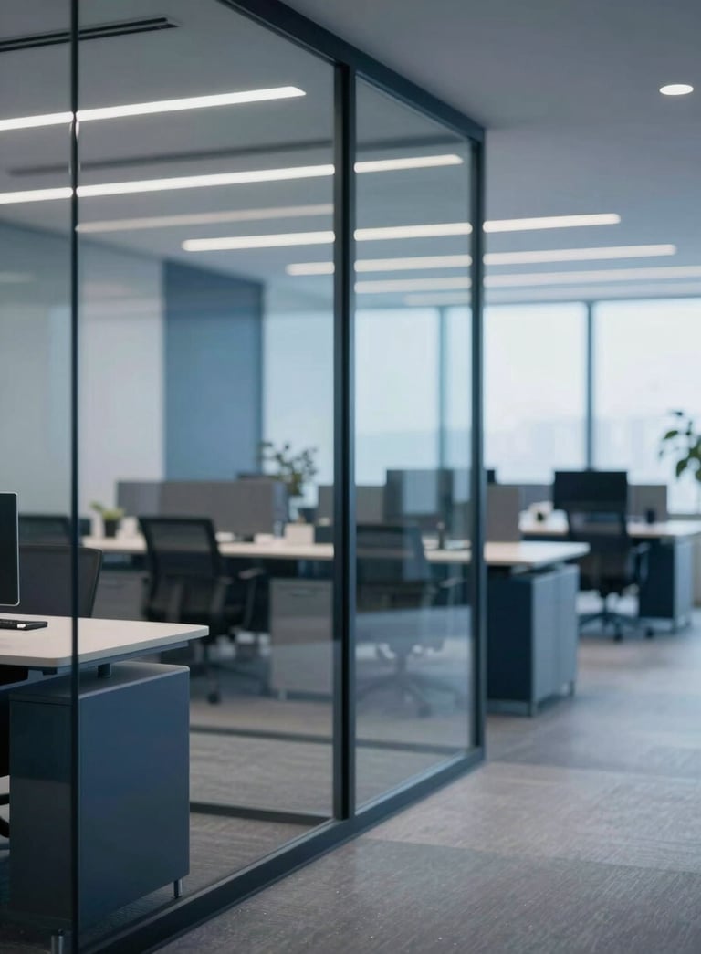 A high-end, professional office environment with glass walls and modern furniture. The lighting is bright and clear, emphasizing efficiency. Colors include deep navy #1A2A3A and muted blue #4D6A7E, creating a sophisticated corporate atmosphere.