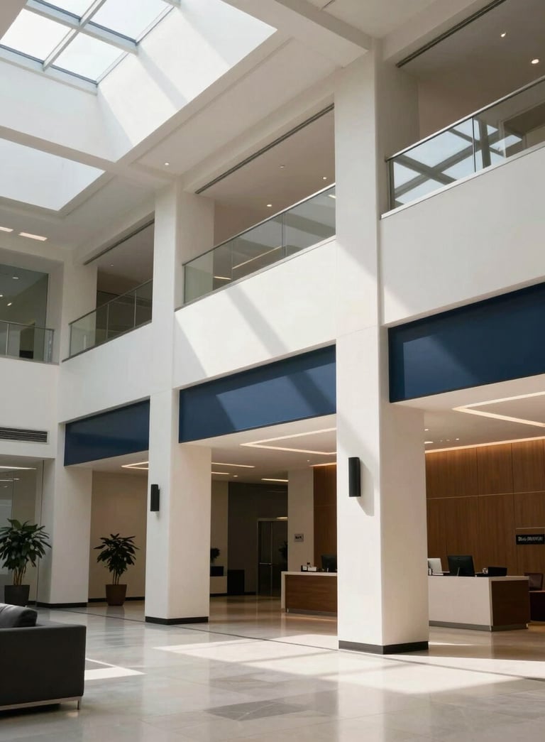 A sleek, professional North American corporate lobby with high ceilings, soft daylight, and modern architecture in off-white and dark navy tones.