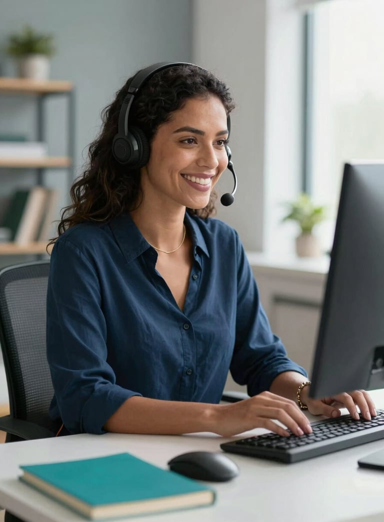 A professional South American Brazilian woman with a headset smiling warmly while working at a modern, clean desk in a brightly lit home office, palette of dark blue and teal accents, soft daylight.