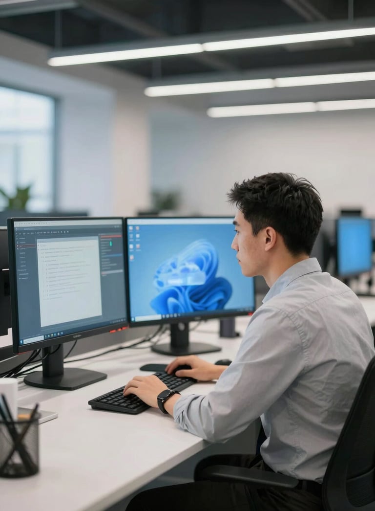 A professional software developer in a North American / US high-tech workspace, surrounded by dual monitors and clean architectural lines, Cloud White and Steel Blue color palette.