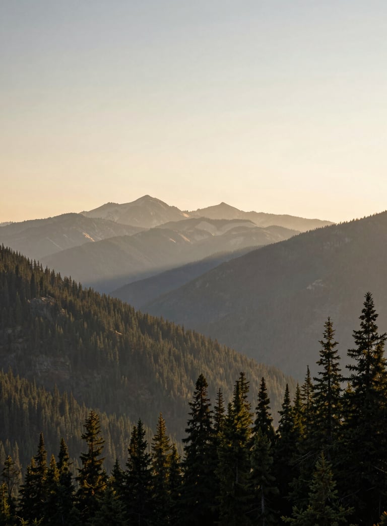 A wide-angle, peaceful shot of the Cascade Mountains near Redmond, Oregon during sunrise, with soft warm alabaster light and pine green forests in a North American / US natural environment.