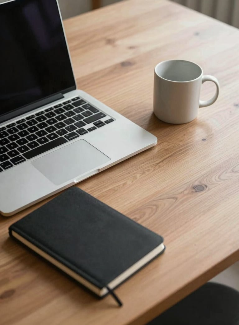 A high-angle shot of a minimalist wooden desk with a silver laptop, a black notebook, and a soft off-white ceramic mug, natural lighting with soft shadows.