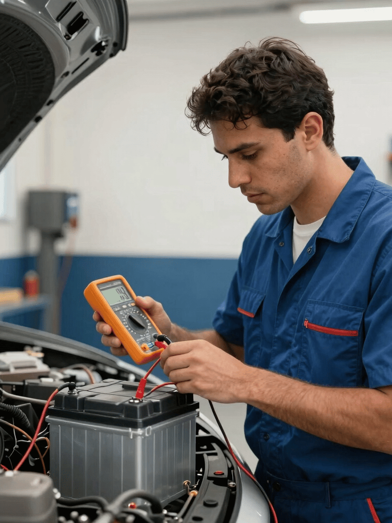 A South American / Brazilian professional mechanic using a digital multimeter to test a car battery in a modern, clean garage. The workshop has off white walls and dark blue details. Professional lighting, crisp focus.