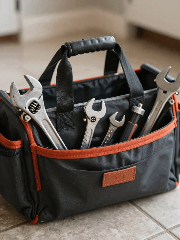 A high-quality close-up photograph of a professional plumber's tool bag with shiny wrenches and tools, resting on a clean tile floor in a North American home, soft natural light.
