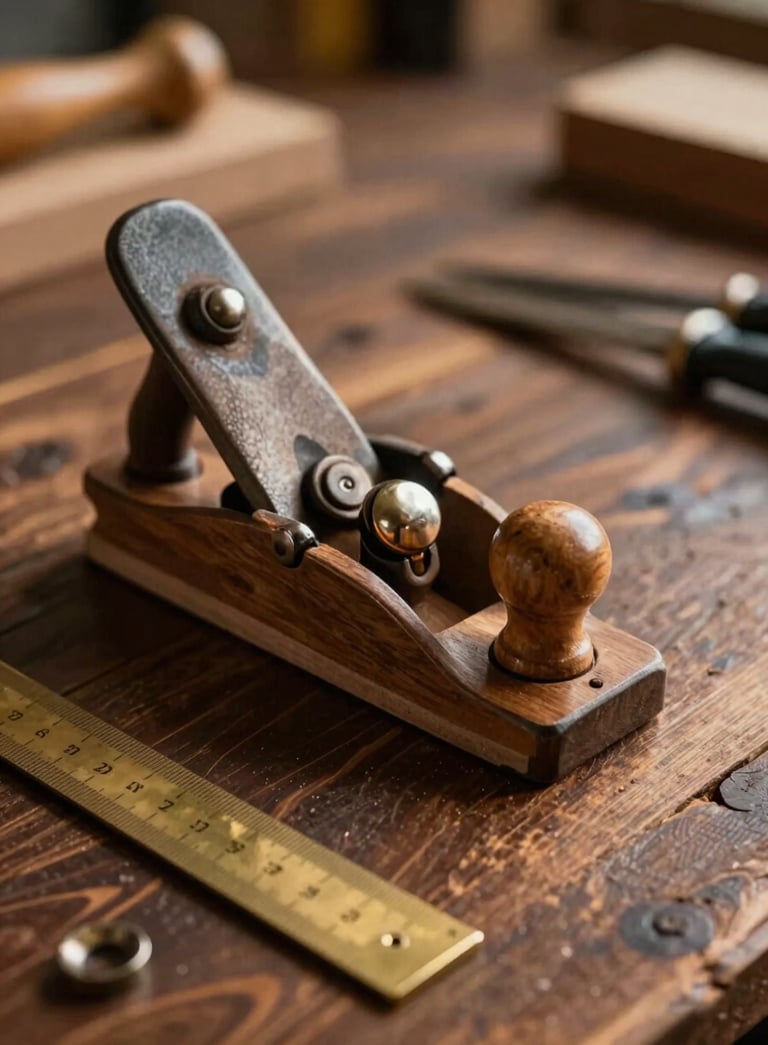 Bancada de madeira rústica com plaina e ferramentas antigas