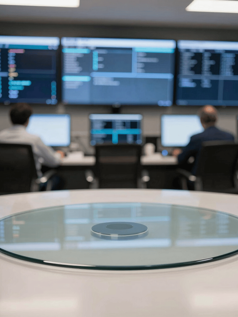 A high-tech corporate command center in São Paulo, featuring blurred digital screens in the background and a sleek, minimalist glass table in the foreground, lighting in muted blue and off-white tones.