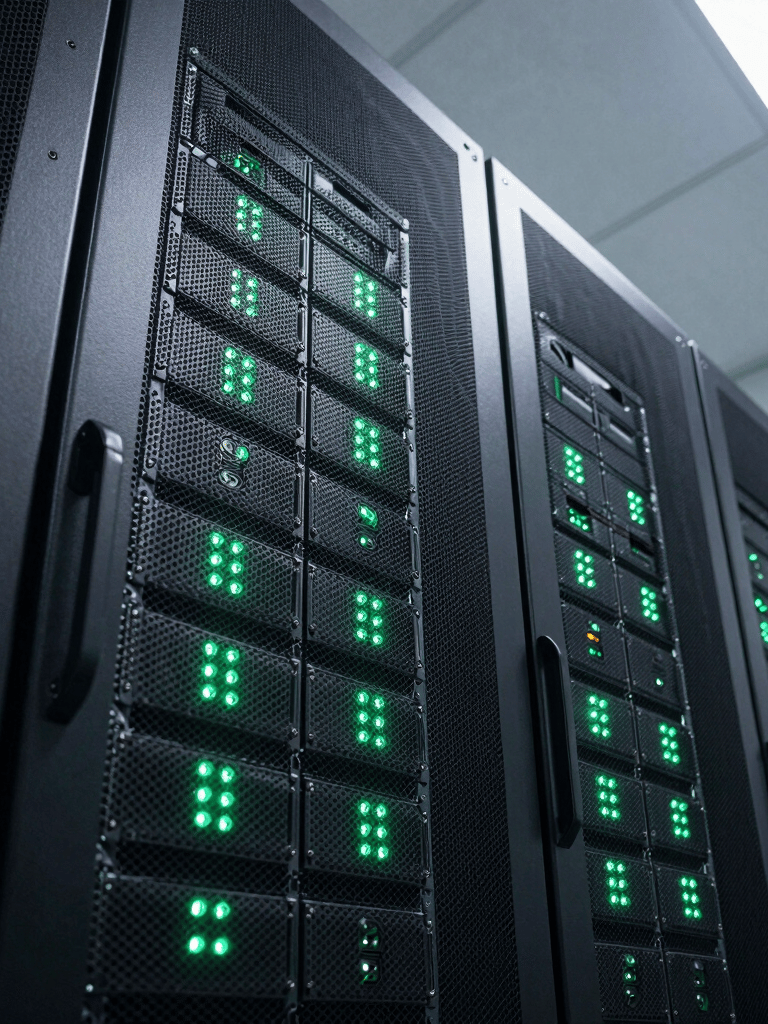 Professional high-quality photography of a modern server room with glowing mint green LED indicators, low angle shot, South American data center environment.