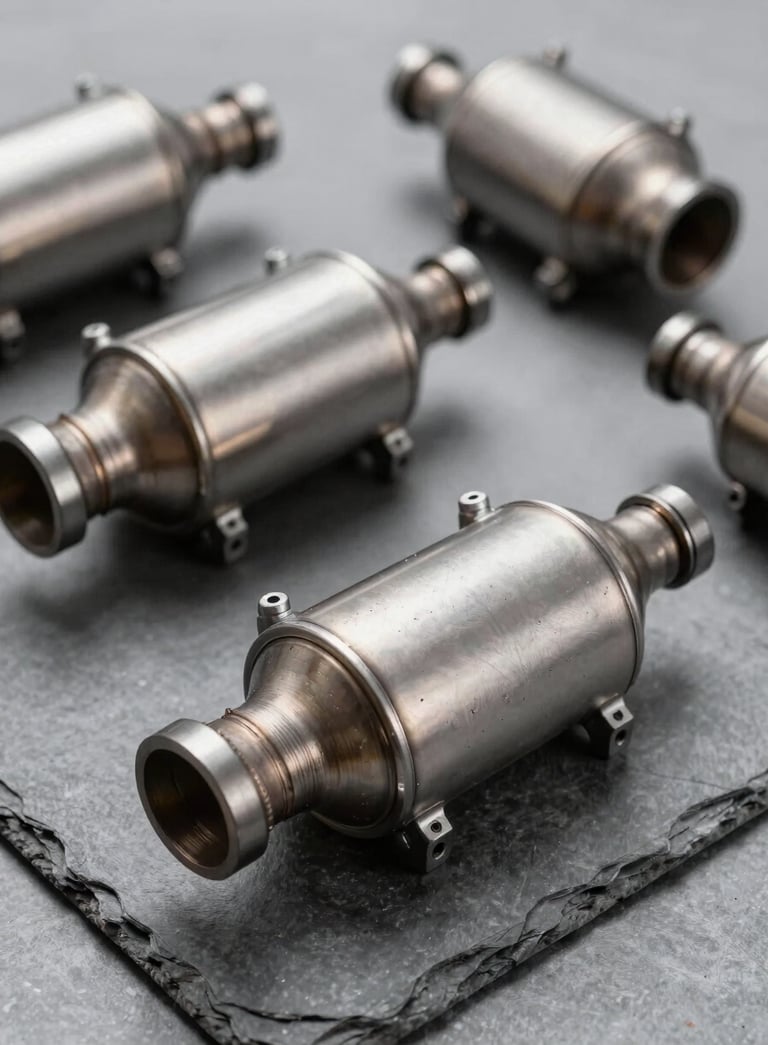 A professional, clean studio photograph of several automotive catalytic converters arranged on a slate grey industrial surface. Sharp, efficient lighting reflects off the metallic casing, emphasizing industrial strength.