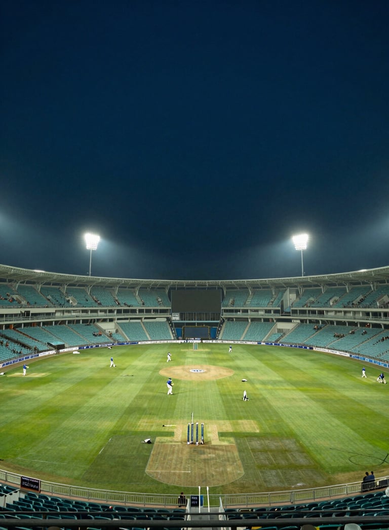A panoramic photography of a massive cricket stadium in India during a night match, illuminated by intense teal and white lights against a deep dark blue sky, viewed from the stands.