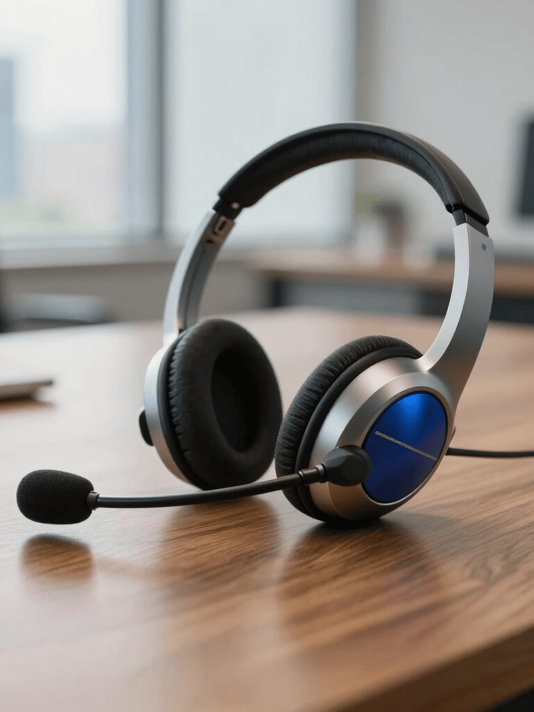 Close-up of a modern high-end tele-servicing headset resting on a polished wooden desk. The background features a soft-focus professional office in a South American business district, bathed in gentle natural morning light with accents of steel blue and light grey.