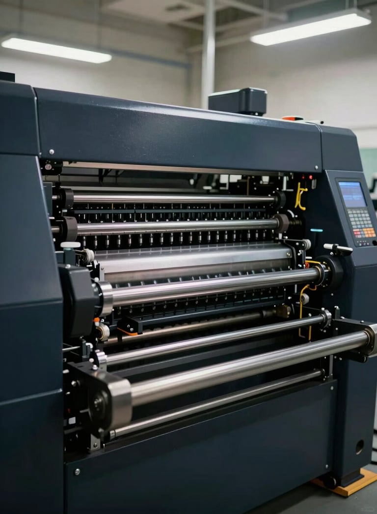 A high-end industrial offset printing press in mid-operation, captured in a clean facility with dark navy and steel components, bright professional lighting, showcasing advanced technology.