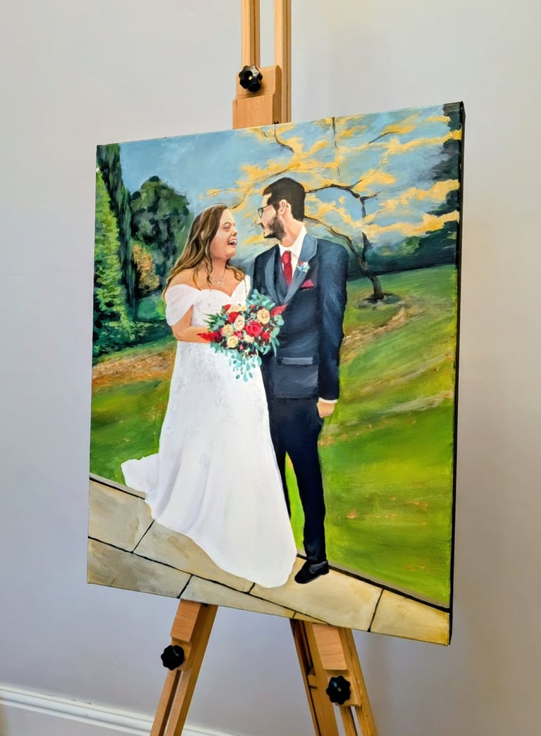 Close up of a completed live wedding painting on canvas created by Christine