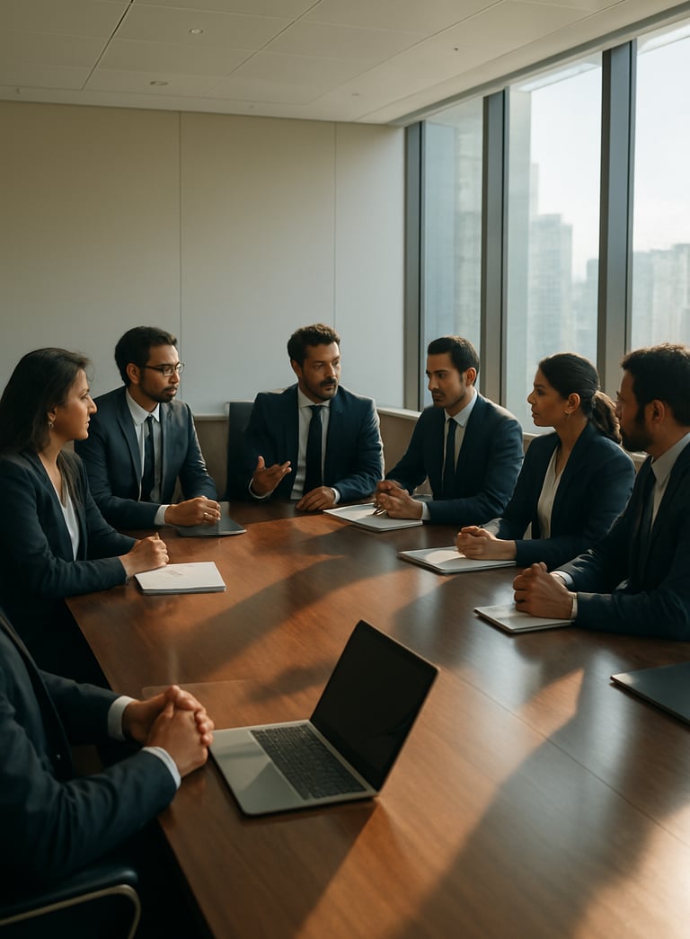 A wide-angle shot of a bright, modern corporate boardroom in Mumbai, South Asian / Indian business professionals in formal attire discussing strategy, sunlight streaming through large windows.
