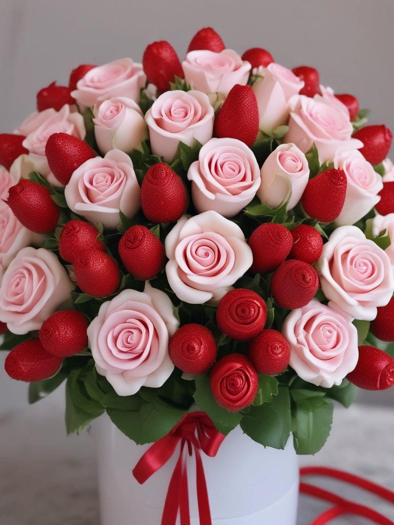 A close-up of a handcrafted chocolate-covered strawberry bouquet with vibrant red strawberries and glossy dark chocolate coating.
