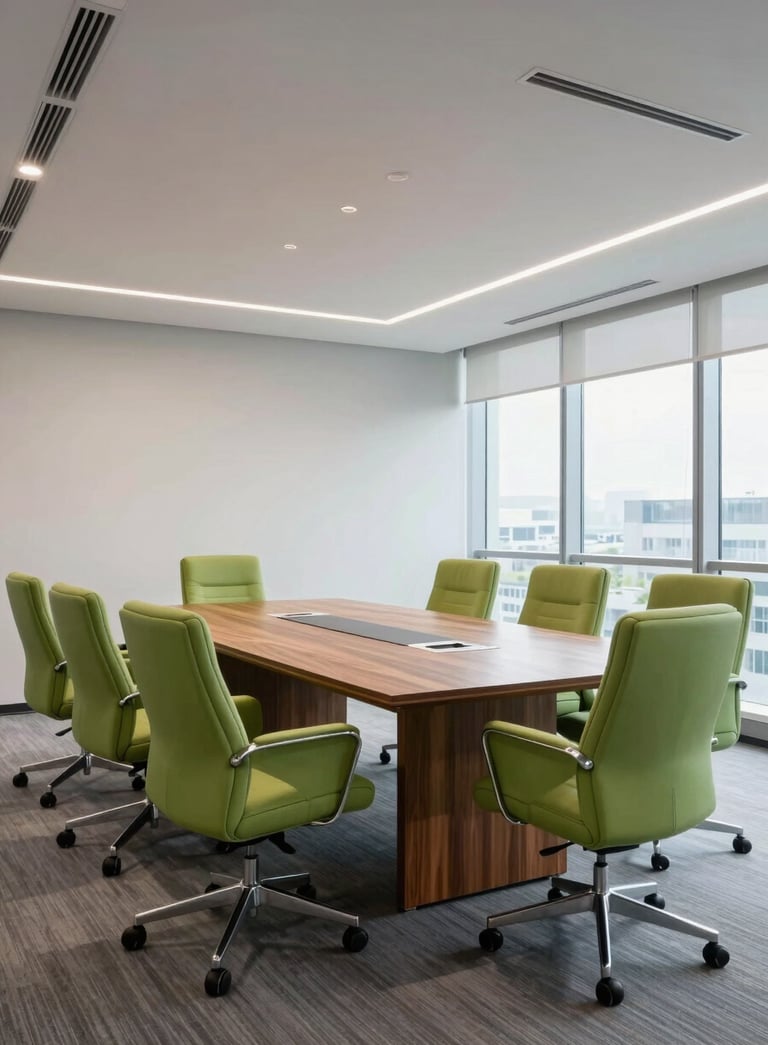 A professional wide-angle shot of a modern, brightly lit executive meeting room with slate green accents on the chairs and a polished wood table reflecting soft office lighting.