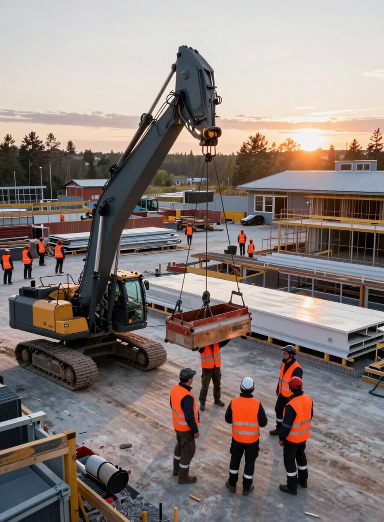 A high-angle professional photography of a modern Northern European / Finnish construction site at sunrise. Workers in high-visibility bright orange vests are orchestrating a heavy lift. The environment is clean and organized, with deep charcoal machinery and soft off-white materials reflecting the morning light. High-end, dynamic atmosphere.
