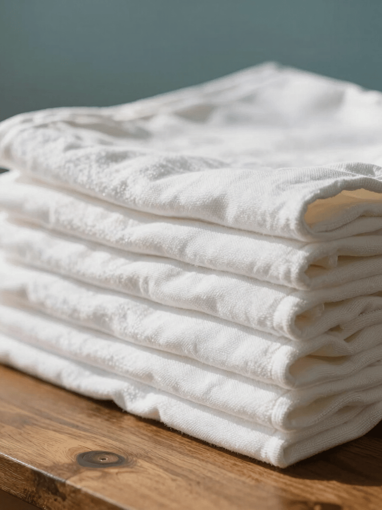 Close-up photography of a stack of folded, crisp white linens on a wooden table, soft morning sunlight, calming teal blue background, Southern European / Corsica.