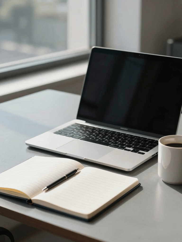 A professional North American office desk featuring a modern laptop, a clean notebook, and a ceramic coffee mug, natural sunlight streaming through a large window, slate blue and light gray accents.