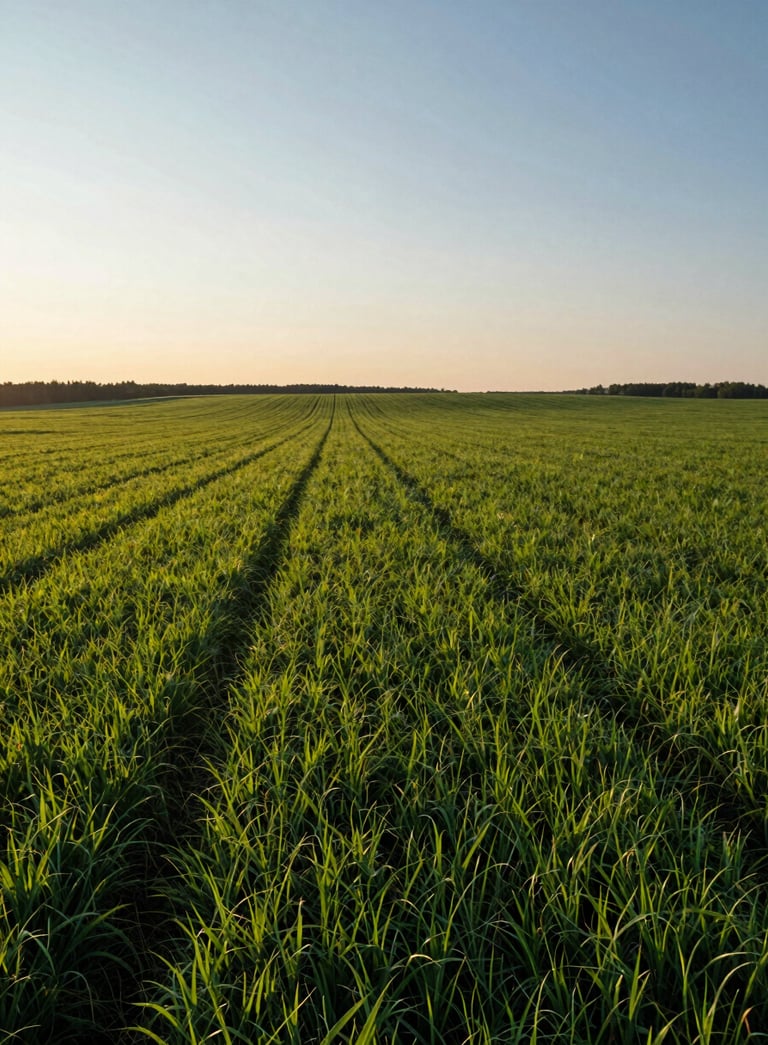 A wide-angle landscape of a fertile North American farm in Huron County during the golden hour, with long shadows across lush green fields and a clear sky, conveying a sense of peace and potential.
