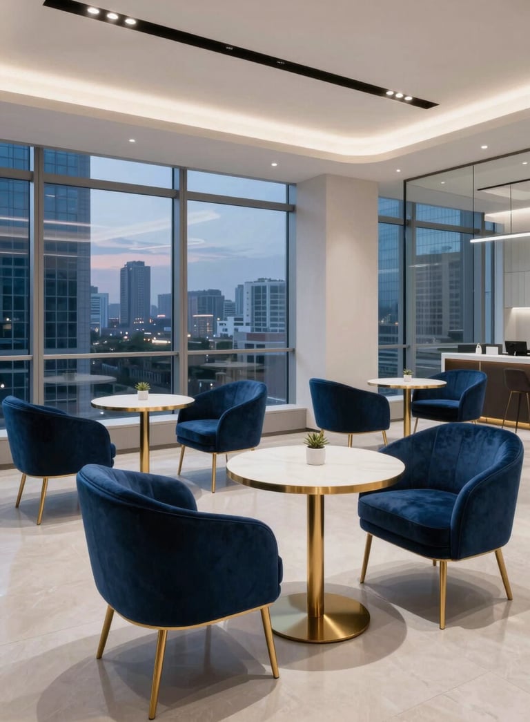 A wide shot of a minimalist, modern corporate lounge with royal blue velvet chairs, gold-trimmed tables, and large windows looking over a city at dusk. Sophisticated and high-end lighting.