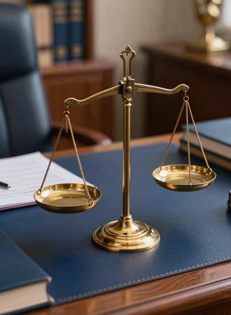 A close-up of a professional desk in a South Asian / Pakistani legal office, featuring a golden scales of justice and law books, evoking deep blue and antique gold tones.