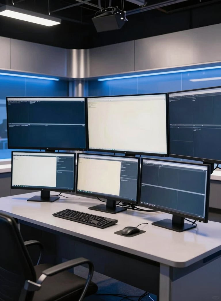 A wide-angle professional photograph of a modern digital news studio. The scene features a sleek desk with multiple high-definition monitors in the background displaying soft off-white and dark navy graphics. Professional studio lighting highlights the steel blue accents on the walls.