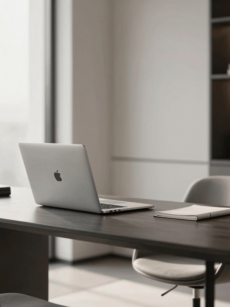 A high-end, minimalist home office in a modern Middle Eastern setting, featuring a sleek desk, premium silver laptop, and soft morning light, creating a professional atmosphere.